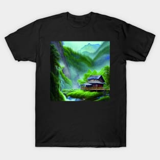 Digital Painting of a Beautiful Blue cottage Tree house near River and Greenery Mountains T-Shirt
